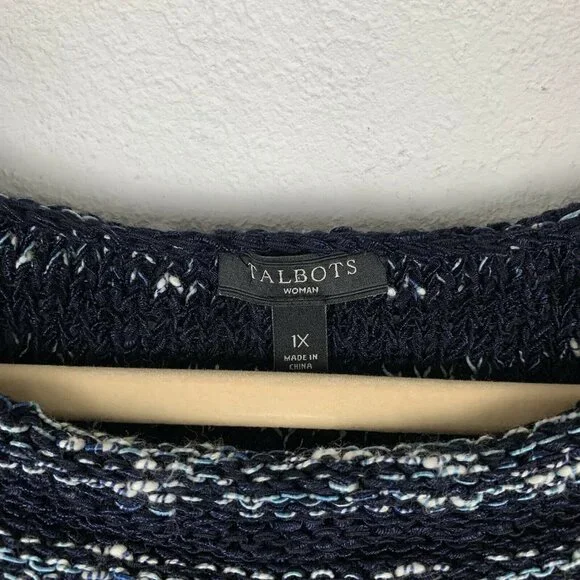 TALBOTS Women's Plus Size 1X Blue White Striped Knit Sweater Top - Picture 2 of 5